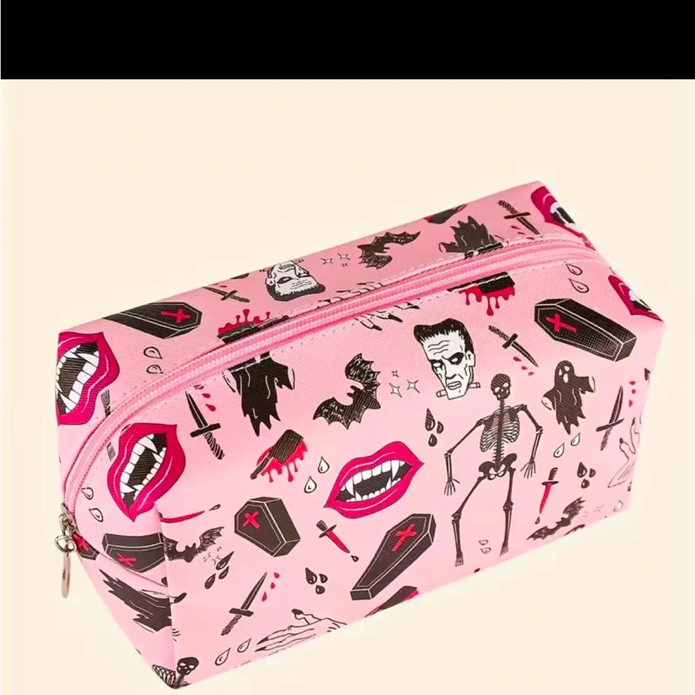 Halloween Pink Cosmetic Bag Goth Coffin Skeleton Dagger Fangs Ghoul Makeup - Picture 1 of 7